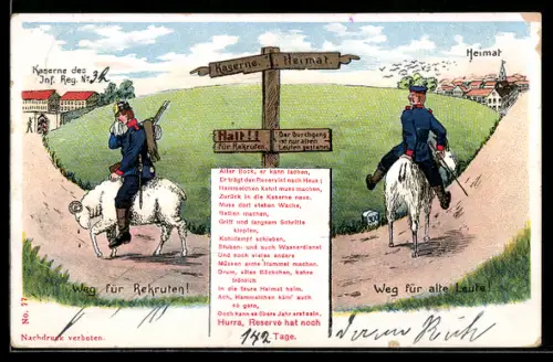Lithographie Weg für Rekruten: Kaserne, Weg für alte Leute: Heimat, Reserve