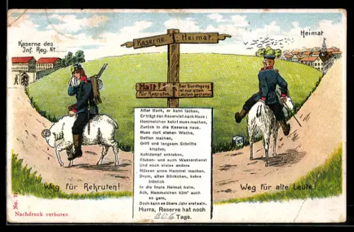 Lithographie Weg für Rekruten: Kaserne, Weg für alte Leute: Heimat, Reserve
