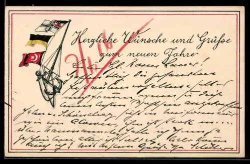 AK Fahnen der Verbündeten Deutschland, Österreich-Ungarn und der Türkei am Mast mit Anker