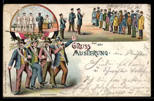 Lithographie Gruss von der Musterung, Rekruten beim Appell & zur Untersuchung vor der Commission, feiernde Rekruten