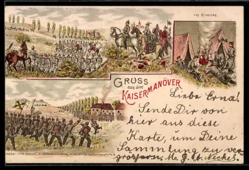 Lithographie Kaisermanöver mit Truppen im Sturm und Im Bivaouc