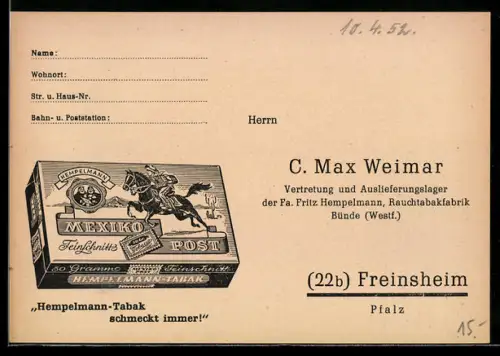AK Freinsheim /Pfalz, C. Max Weimar, Vertretung der Rauchtabakfabrik Bünde i. Westf., Hempelmann-Tabak