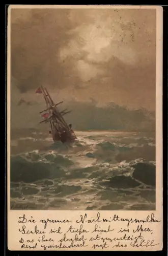 AK Segelschiff auf hoher See, Rotes Kreuz Russland