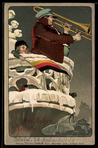 AK Mann auf Balkon mit Trompete, Fröhliches Neujahr