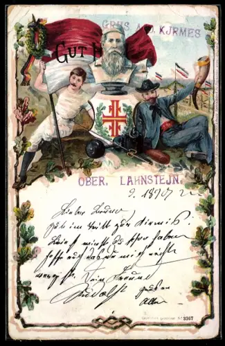 Lithographie Oberlahnstein, Kirmes, Turnvater Jahn, Büste, Turner mit rotweisser Fahne, Füllhorn, Eichenlaub