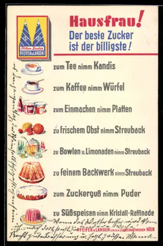 AK Reklame Kölner Zucker von Pfeiffer & Langen, verschiedene Zuckersorten