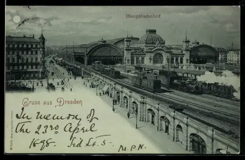 Mondschein-AK Dresden, Hauptbahnhof mit Strasse u. Gleisen aus der Vogelschau