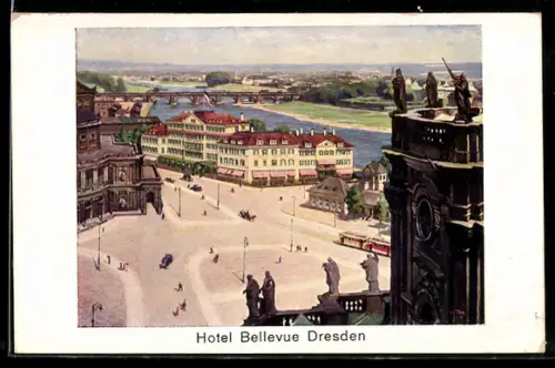 AK Dresden, Hotel Bellevue mit Elbe u. Strassenbahn aus der Vogelschau