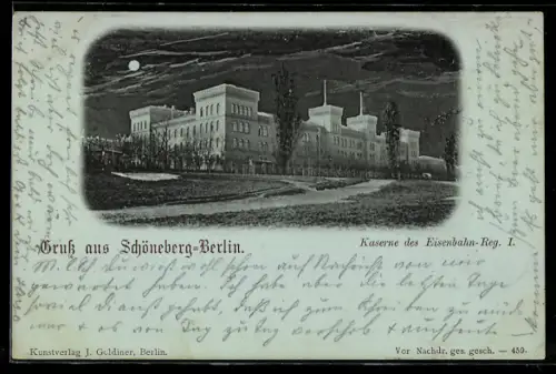 Mondschein-AK Berlin-Schöneberg, Kaserne des Eisenbahn-Regiments Nr. 1