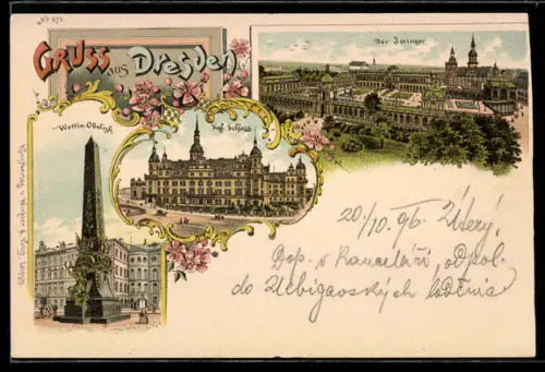Lithographie Dresden, Zwinger, Wettin-Obelisk, Königl. Schloss
