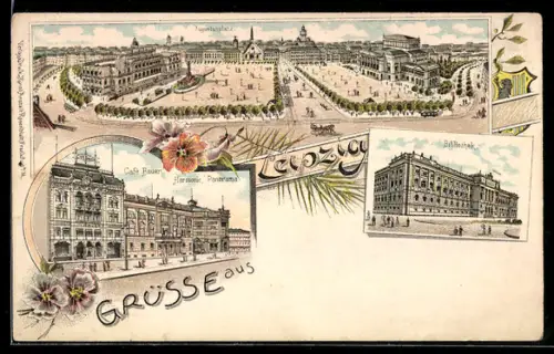 Lithographie Leipzig, Augustusplatz, Café Bauer, Bibliothek