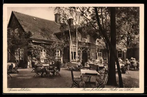 AK Lehde /Spreewald, Gasthaus Zum fröhlichen Hecht, Inh. A. Richter, Gartenansicht mit Gästen