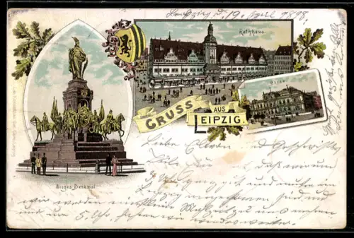 Lithographie Leipzig, Sieges-Denkmal, Rathaus, Börse, Wappen, Eichenlaub