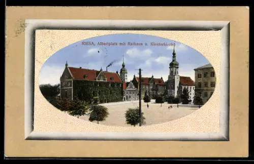 AK Riesa, Albertplatz, Rathaus, Klosterkirche, im Rahmen
