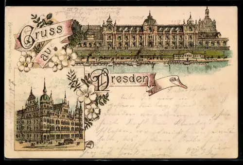 Lithographie Dresden, Kunstakademie mit Elbpanorama