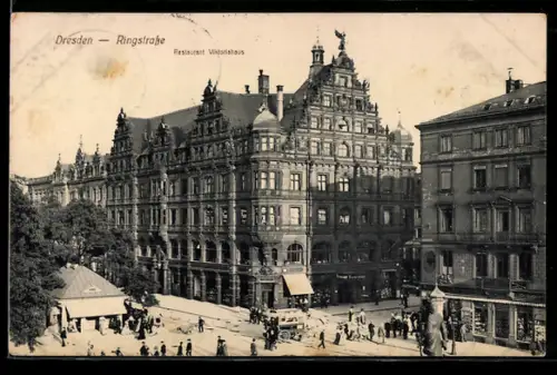 AK Dresden, Ringstrasse mit Restaurant Viktoriahaus aus der Vogelschau, Kreuzung mit Pavillon u. Skulptur