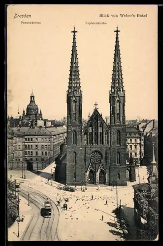 AK Dresden, Blick von Weber`s Hotel, Strassenbahn