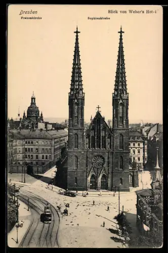AK Dresden, Blick von Weber`s Hotel, Strassenbahn