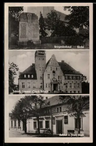 AK Cammer /Zauch-Belzig, Kriegerdenkmal, Kirche, Schloss, Gasthof F. Franz Block