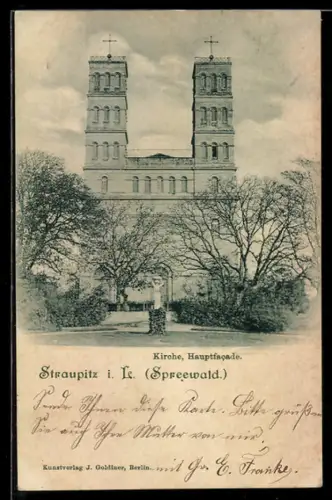 AK Straupitz i. L., Ansicht der Hauptfassade der Kirche