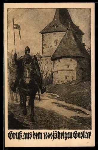 Künstler-AK Goslar, Burg mit Ritter