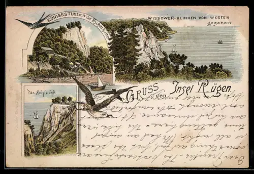 Lithographie Insel Rügen, Wissower-Klinken von Westen gesehen, Königsstuhl mit Fischerhütte
