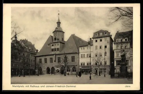 AK Jena, Marktplatz mit Rathaus und Johann-Friedrich-Denkmal