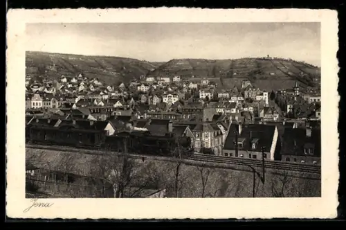 AK Jena, Stadtansicht mit Bahngleisen und umliegenden Hügeln