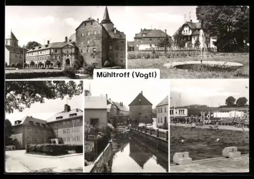 AK Mühltroff /Vogtl, Schloss, Parkansicht, Schwimmbad