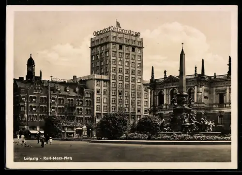 AK Leipzig, Karl-Marx-Platz, Chlorodont-Hochhaus, Brunnen