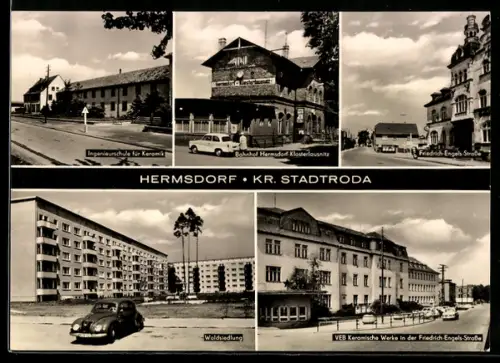 AK Hermsdorf /Stadtroda, Ingenieurschule für Keramik, Bahnhof Klosterlausnitz, Friedrich-Engels-Strasse