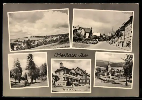 AK Oberhain in Thüringen, FDGB-Erholungsheim, Kirche, Ortsansichten