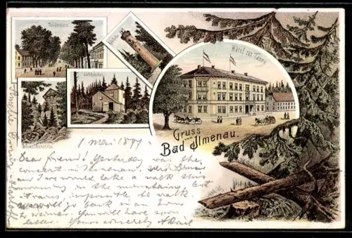 Lithographie Bad Ilmenau, Hotel zur Tanne, Lindenstrasse, Göthehäuschen, Schwalbenstein