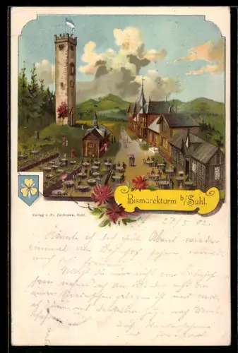 Lithographie Suhl, Gasthof mit Biergarten am Bismarckturm