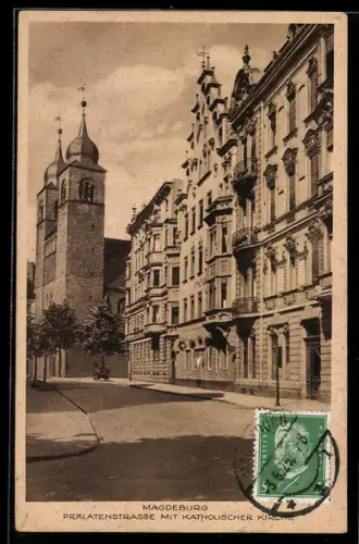 AK Magdeburg, Prälatenstrasse mit Katholischer Kirche