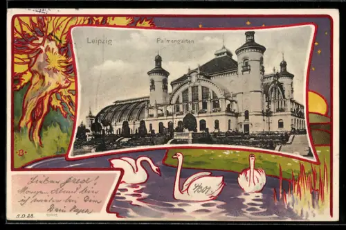 Passepartout-Lithographie Leipzig, Restaurant Palmengarten, Schwäne