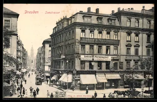 AK Dresden, Seestrasse Ecke Ringstrasse, Steiner-Paradiesbett, Henniger & Co, Cohne & Northmann