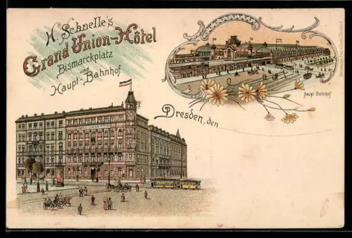 Lithographie Dresden, Grand Union-Hotel, Inh. H. Schnell, Strassenbahn, Hauptbahnhof