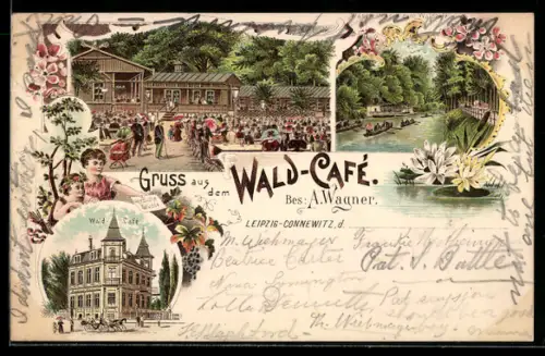 Lithographie Leipzig-Connewitz, Wald-Café, Wasserstrasse zum Waldcafé
