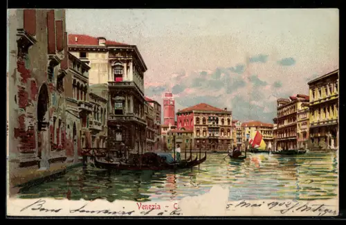 AK Venezia, Gondeln auf dem Canal Grande