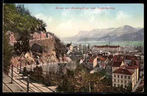 AK Meran / Merano, Blick vom Tappeinerweg auf die Stadt und zum Mendelgebirge