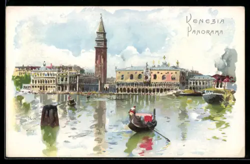 Lithographie Venezia, Panorama, Gondola