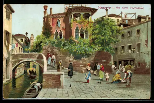 AK Venezia, Rio delle Torreselle, Strassenszene neben einem Kanal