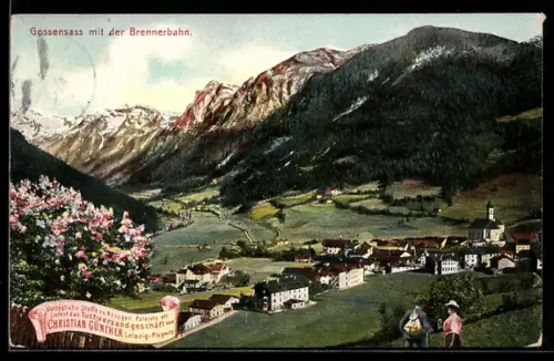 AK Gossensass /Brennerbahn, Ortsansicht aus der Vogelschau, Reklame Firma Christian Günther Leipzig
