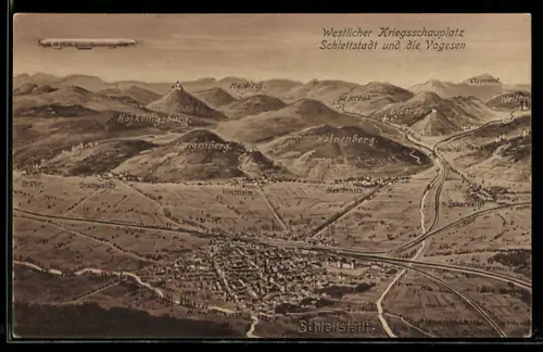 AK Schlettstadt, Ansicht aus der Vogelschau, Zeppelin