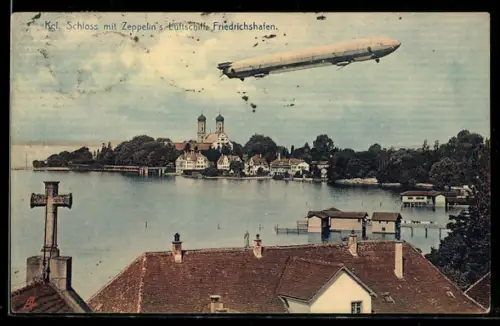 AK Friedrichshafen, Zeppelin`s Luftschiff mit Kgl. Schloss