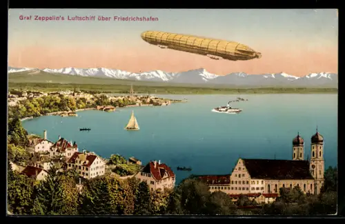 AK Friedrichshafen a. B., Graf Zeppelin`s Luftschiff über dem Ort