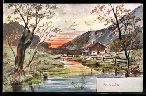AK September, Herbstlandschaft mit Haus