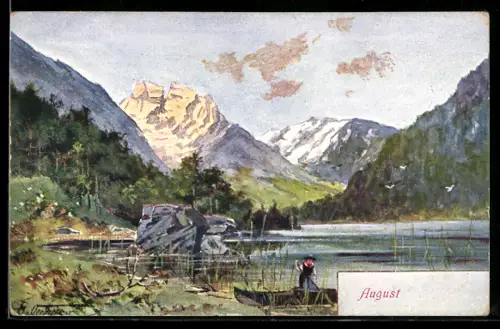 AK Landschaft im August, Fischer in seinem Boot, Allegorie