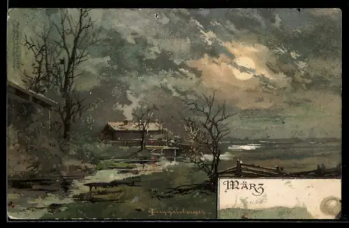 Künstler-AK T.Guggenberger: Monatsgrüsse März, Regen liegt in der Luft, Ortschaft